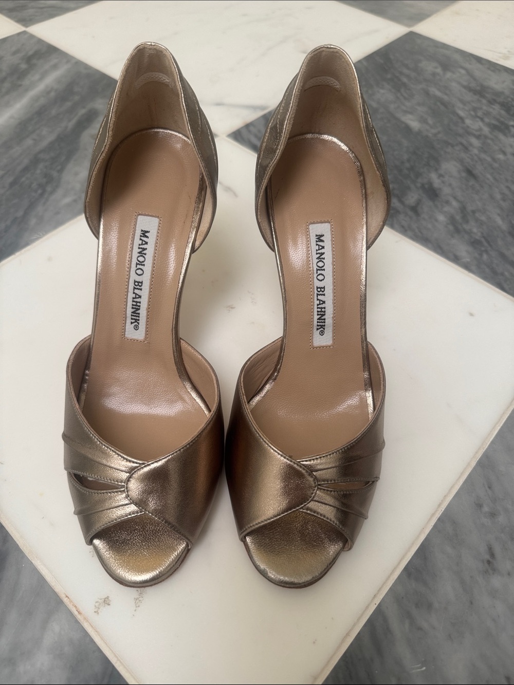 Manolo Blahnik Metallic Gold Open-Toe D'Orsay Heels
